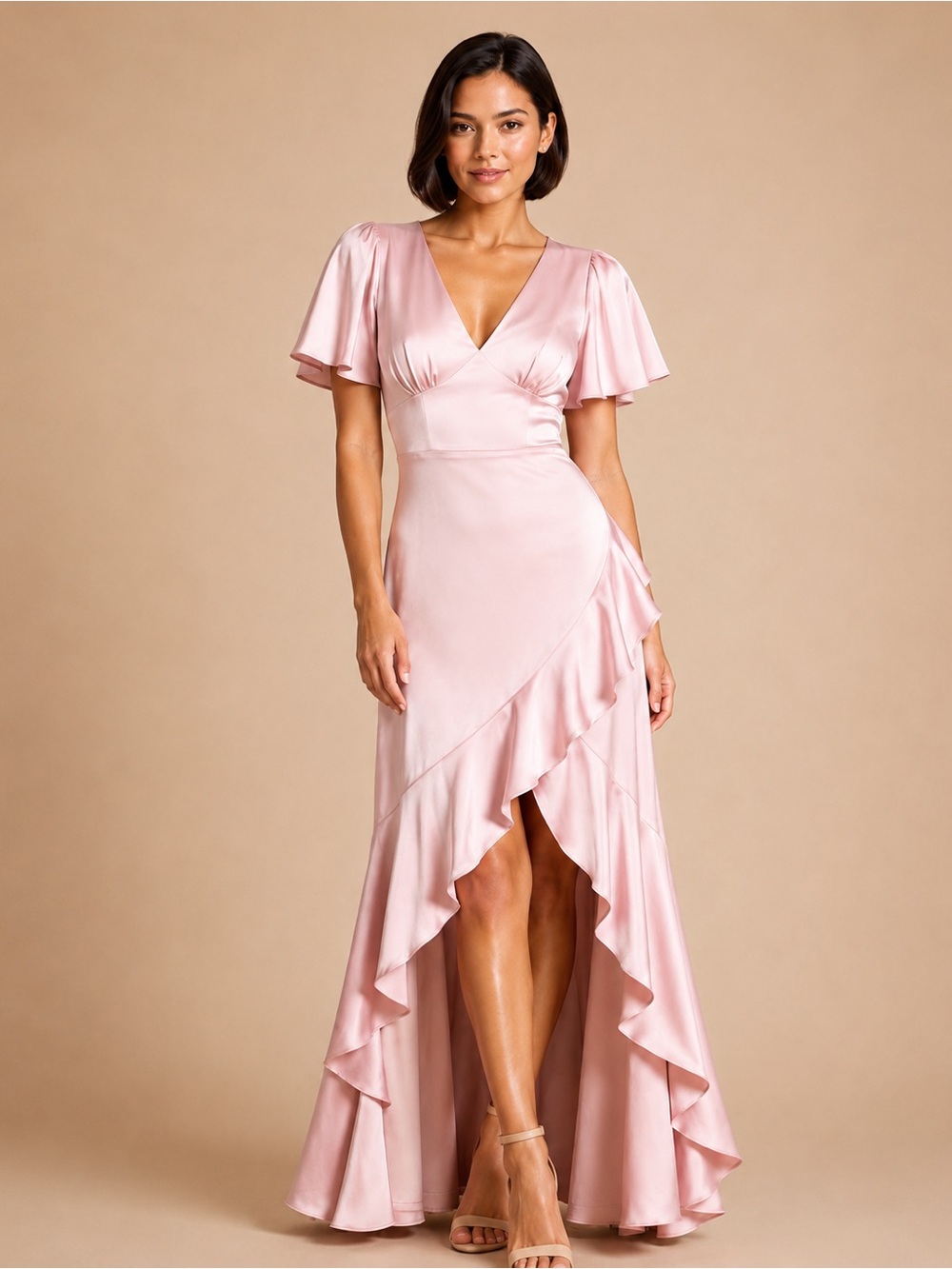 Lulus Eternal Bond Blush Satin Flutter Sleeve Ruffle Maxi Dress Size M